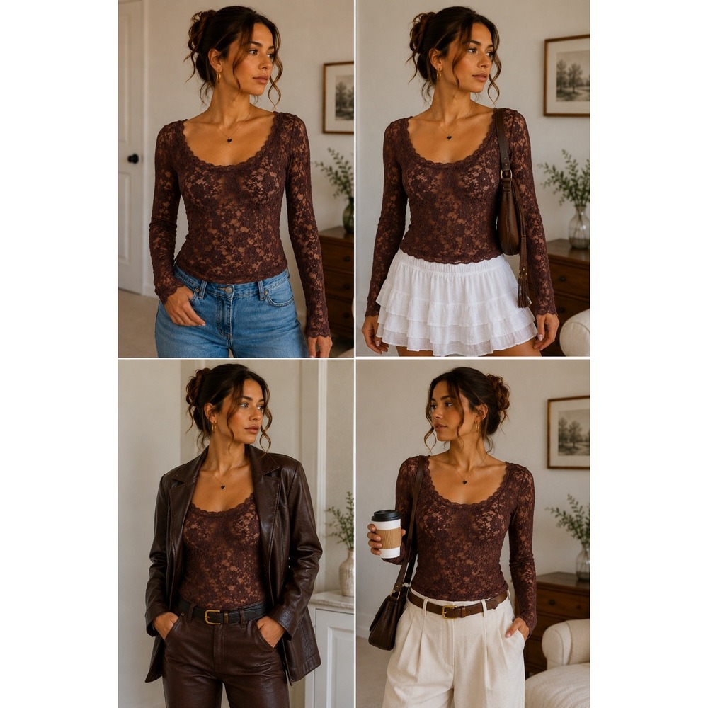 Brown Floral Lace Top Womens M Sheer Long Sleeve Wide Scoop Neck Y2K Coquette